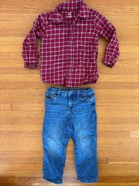 3T Red Plaid Button-Up Shirt and Jeans